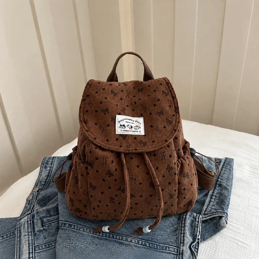 sac à dos léger en velours côtelé à imprimé nœud papillon, grande capacité, design simple, sac à dos à cordon, polyvalent, décontracté, pour les trajets quotidiens