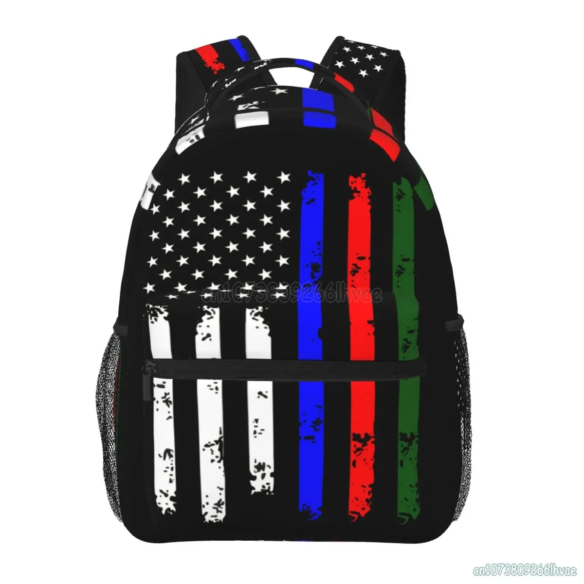 sac dos toile polyester noir motif américain rayures bleu rouge vert format rectangulaire poignées latérales fermeture glissière usage voyage école week-end vacances