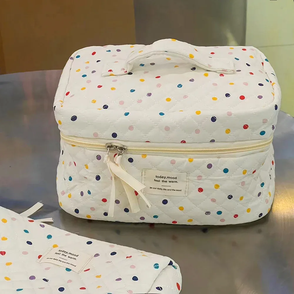 Sac de rangement de maquillage pour femmes, fourre-tout à points colorés, organisateur de voyage Portable, sac matelassé pour cosmétiques, pochette pour dames pour rouges à lèvres