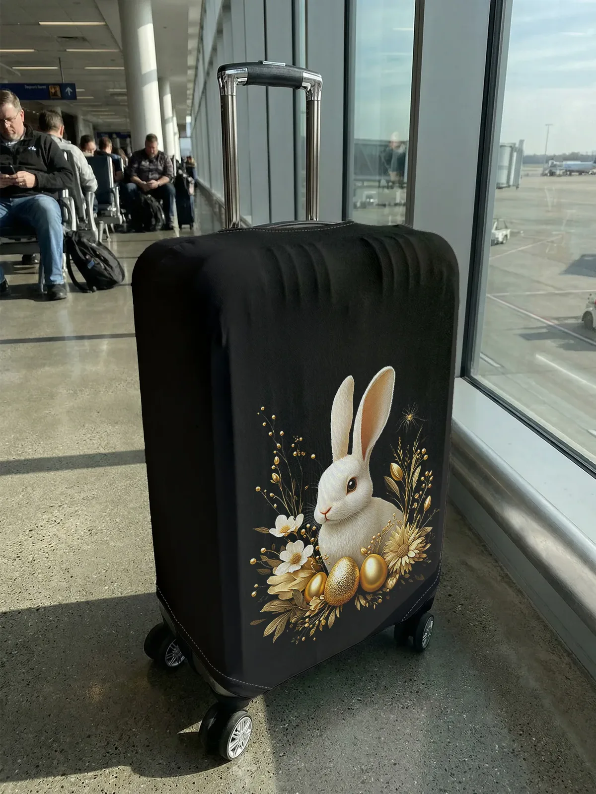 Housse de bagage en forme de lapin blanc et de fleur, motif œuf d'or de Pâques, convient aux bagages de 18 à 32 pouces, protège-poignée de bagage, accessoires de voyage