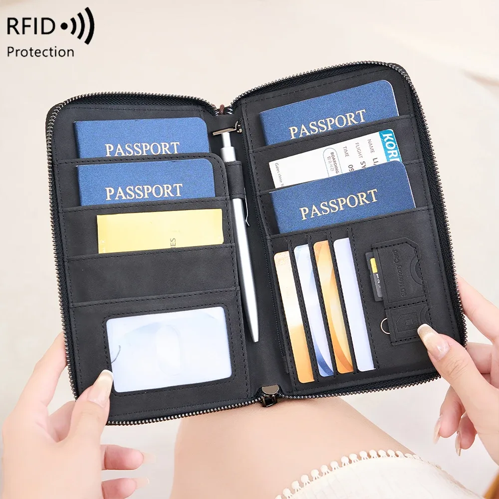 porte-passeport anti-vol rfid, portefeuille de voyage, organisateur de documents en similicuir avec fermeture éclair, couverture de passeport avec sangle de poignet