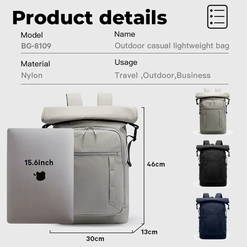sac dos nylon gris clair décontracté poignée souple bandoulière arquée fermeture éclair expandable ultra léger informatique voyage urbain école sac quotidien