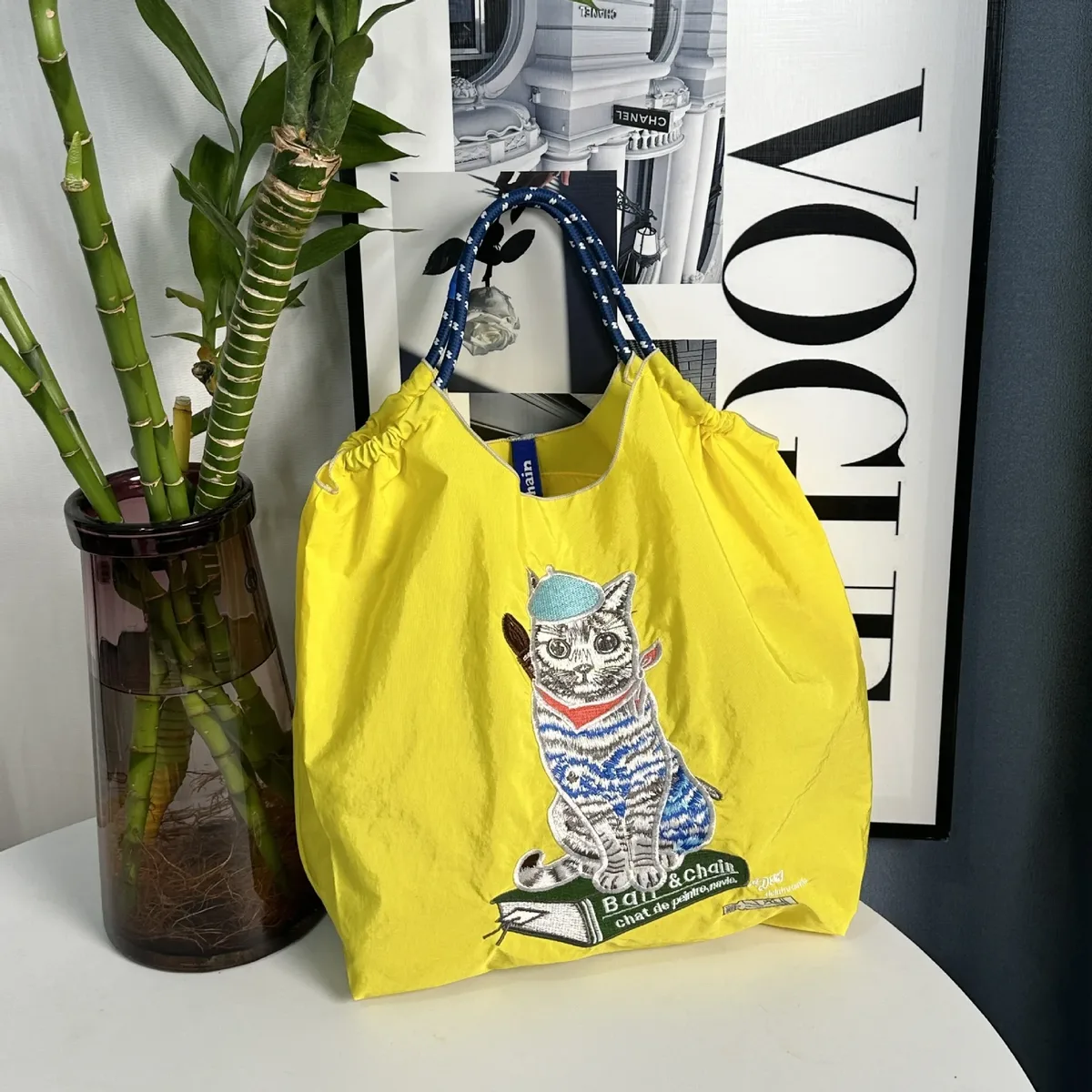sac de shopping brodé pour femmes, avec chaîne à billes, grande capacité, en nylon écologique, sac à main, sac à bandoulière, sac porté en travers du corps.