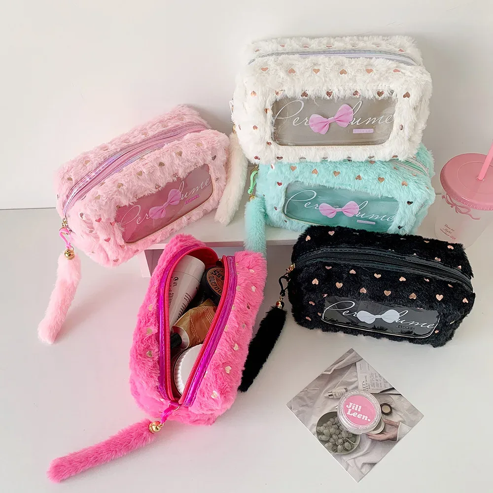 sac de maquillage en peluche couleur bonbon, sac à cosmétiques transparent, trousse à crayons avec nœud pour fille, pochette de papeterie, organisateur de maquillage pour étudiant, sac de lavage