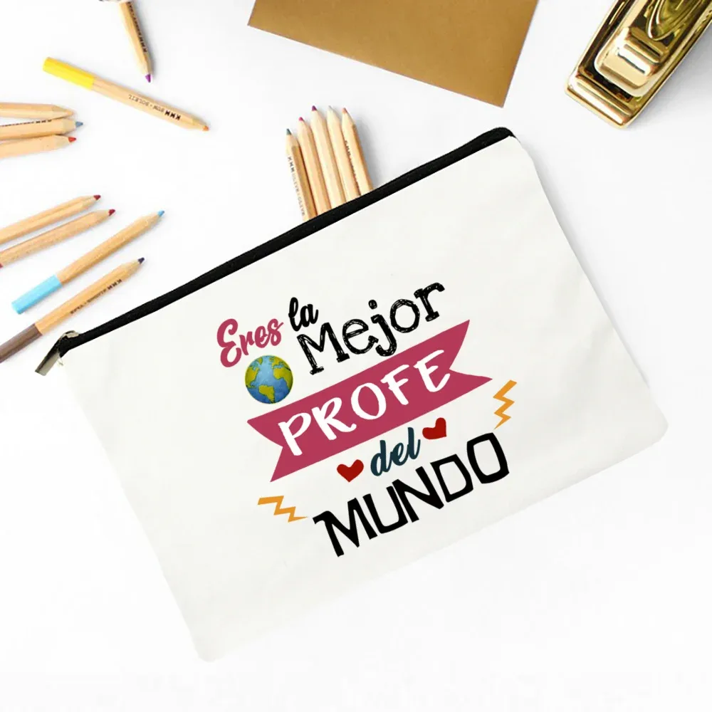meilleur professeur du monde sac de maquillage imprimé espagnol nécessaire de voyage pochette de rangement d'articles de toilette sacs à crayons cadeau de diplômé pour enseignant