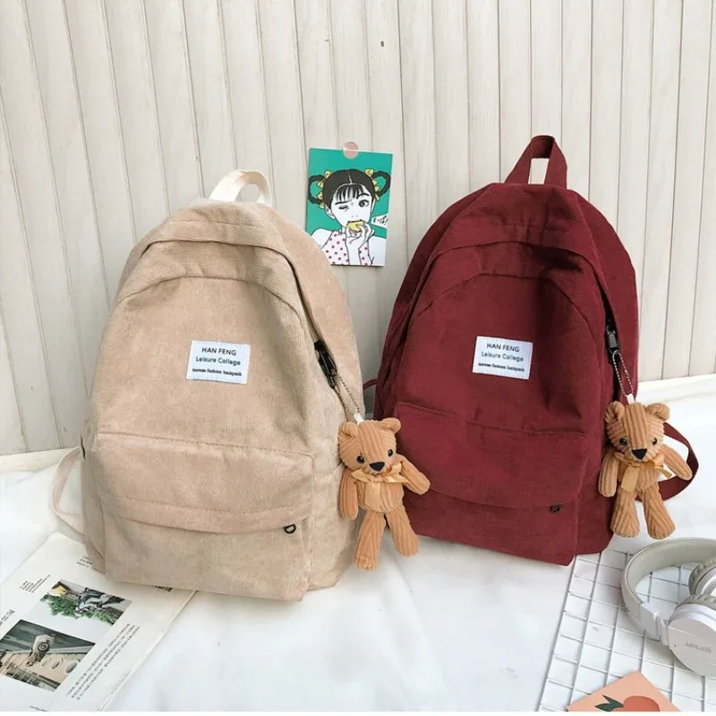 sac à dos coréen en velours côtelé, couleur unie, léger, imperméable, grande capacité, sac d'école pour étudiantes, sac de voyage pour filles et femmes