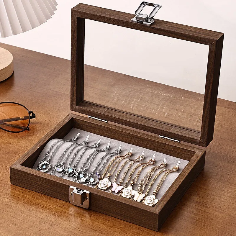 boîte à bijoux motif noyer avec couvercle, étui de rangement pour bagues, boucles d'oreilles, bracelets, chaînes, plateau de présentation en bois dur de style décontracté
