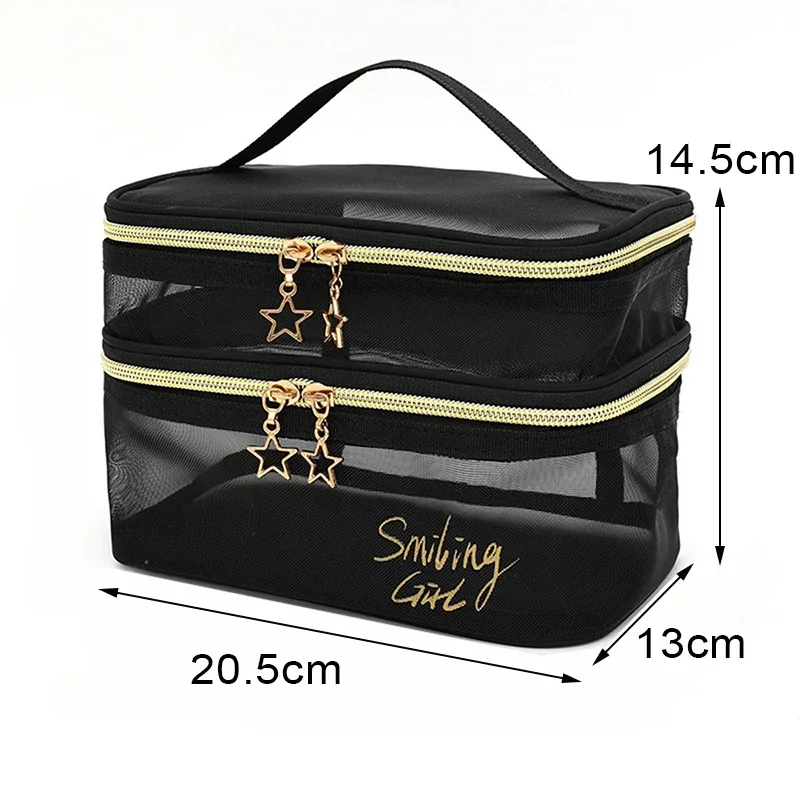 trousse de maquillage en maille noire de grande capacité, pochette de rangement, trousse de toilette décontractée à fermeture éclair, trousse de maquillage pour femmes, sac à cosmétiques de voyage