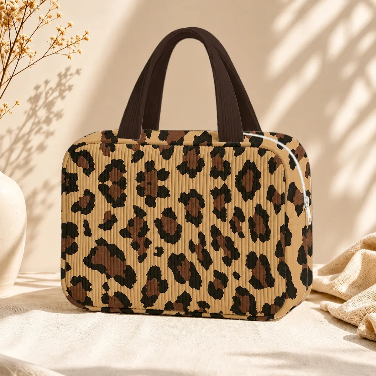 trousse de maquillage léopard côtelée à imprimé animal, organisateur de maquillage, trousse de toilette de voyage, sac de rangement beauté, pochette cosmétique portable