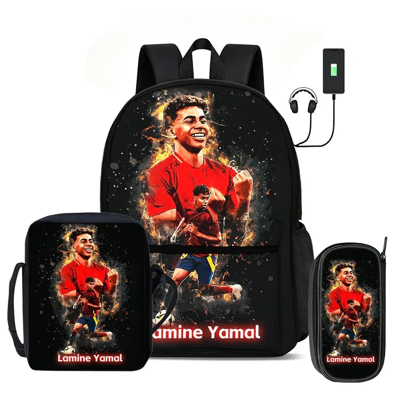 l-lamin yamal ensemble de 3 pièces : sac à dos, sac à bandoulière, trousse à crayons, sac à dos de sport pour enfants, motif star de football