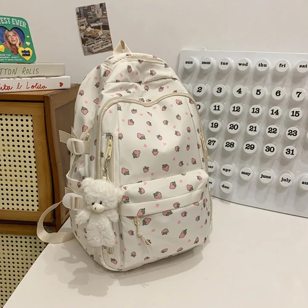 sac d'école en nylon pour étudiants, motif floral, style preppy, sac à dos pour femmes avec pendentif, grande capacité, sac à dos de voyage