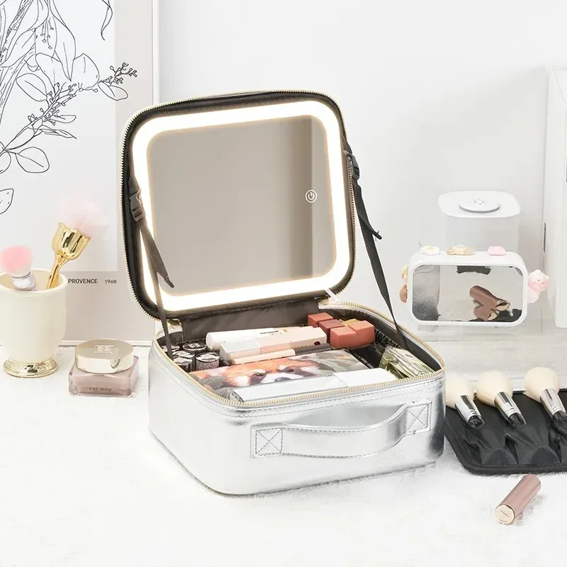 trousse de maquillage grande capacité avec miroir et lumière led, sac de retouche portable professionnel, style ins, couleur unie, autres matériaux