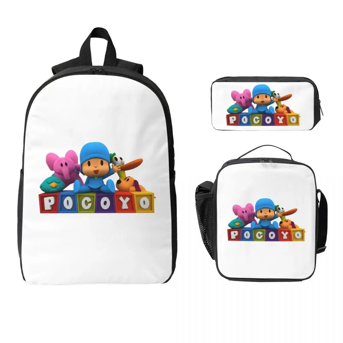 sac à dos bleu pocoyo pour enfants, sac à livres pour étudiants, sac d'école, sacs à bandoulière pour ordinateur, 3 pièces, sac à déjeuner isotherme, trousse à crayons