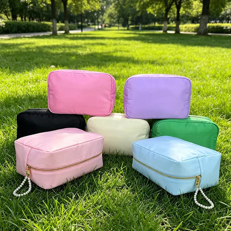 Pochette de maquillage personnalisée en nylon rose, imperméable, pour femmes et filles, sac de voyage pour maquillage, organisateur de couleur bonbon, grande capacité
