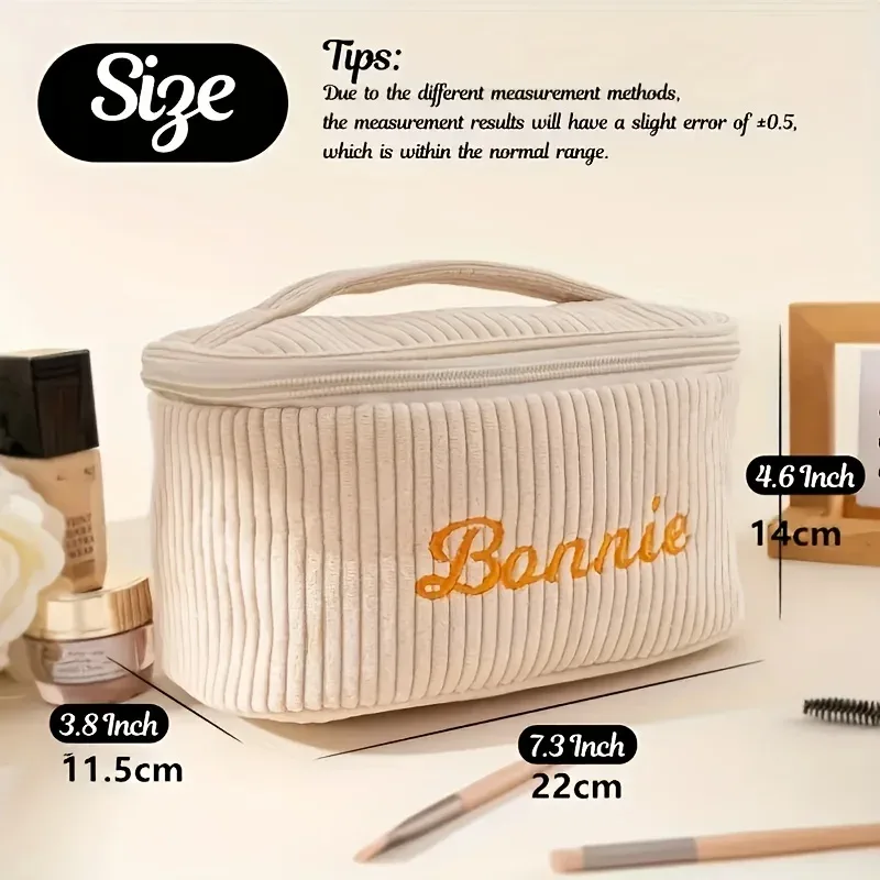 trousse de maquillage en velours côtelé, grande capacité, trousse de toilette de voyage, broderie personnalisée avec nom, sac de toilette pour femmes, organisateur portable