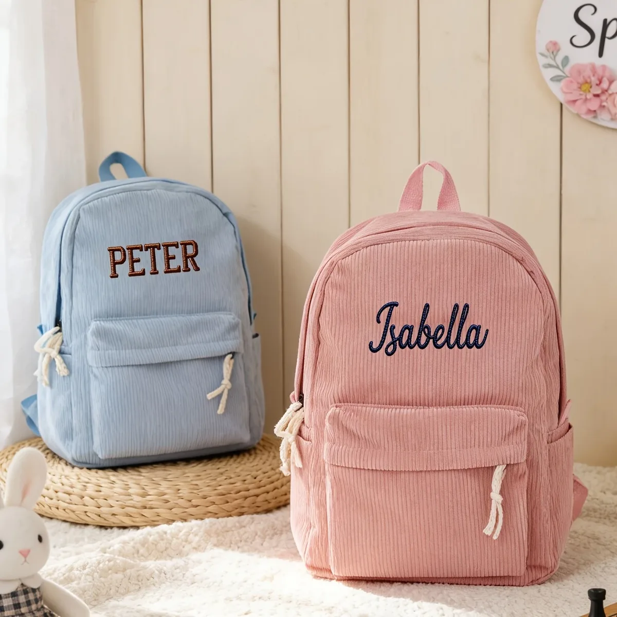 sac à dos personnalisé en velours côtelé pour enfants, design brodé, léger et décontracté, idéal pour la rentrée scolaire et les voyages