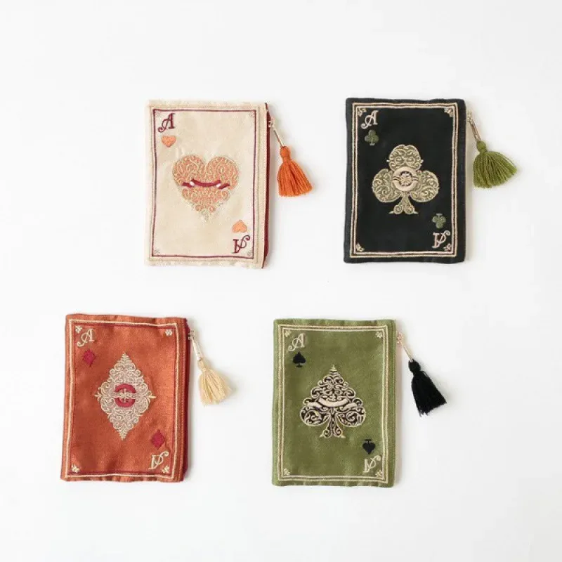 sac de maquillage à motif de carte de poker brodé à la main de style japonais, sac de rangement portable de style ethnique pour cartes de monnaie, sac de rangement à pompon rétro
