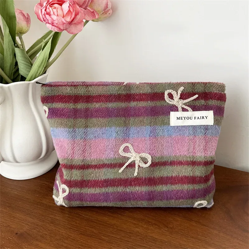 sac de maquillage à carreaux doux pour la saint-valentin, nouvel an, organisateur d'arc en tweed, trousse de toilette de grande capacité, pochette de transport à main portable