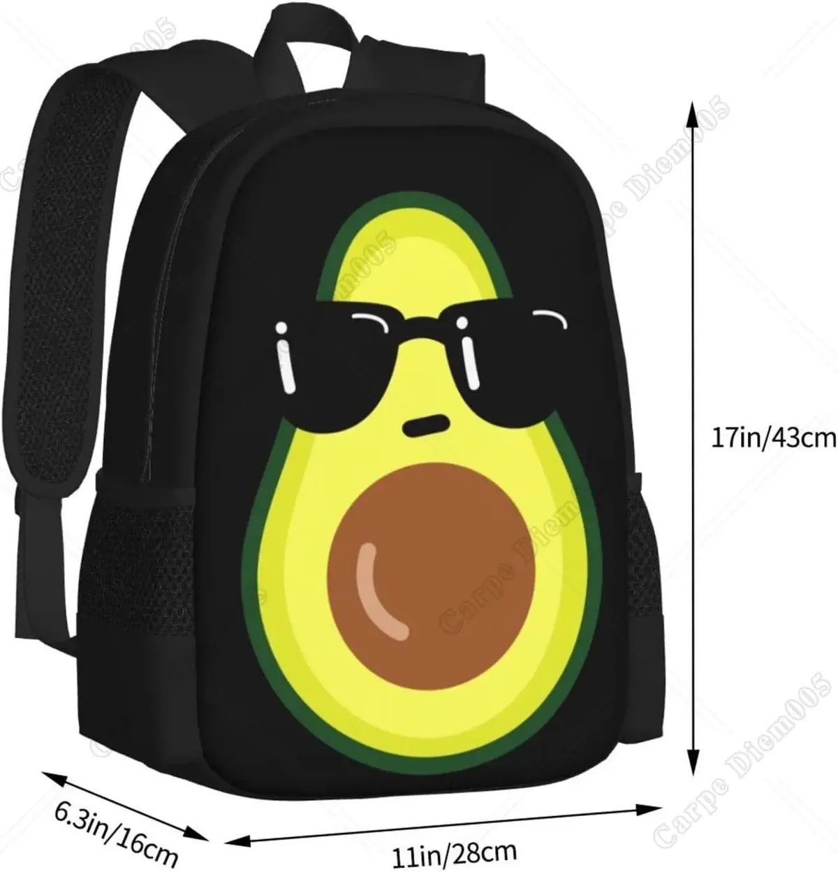 sac à dos de dessin animé drôle avec lunettes de soleil noires, sacs d'école, sac de voyage, ordinateur portable, cartable léger, cool, avocat