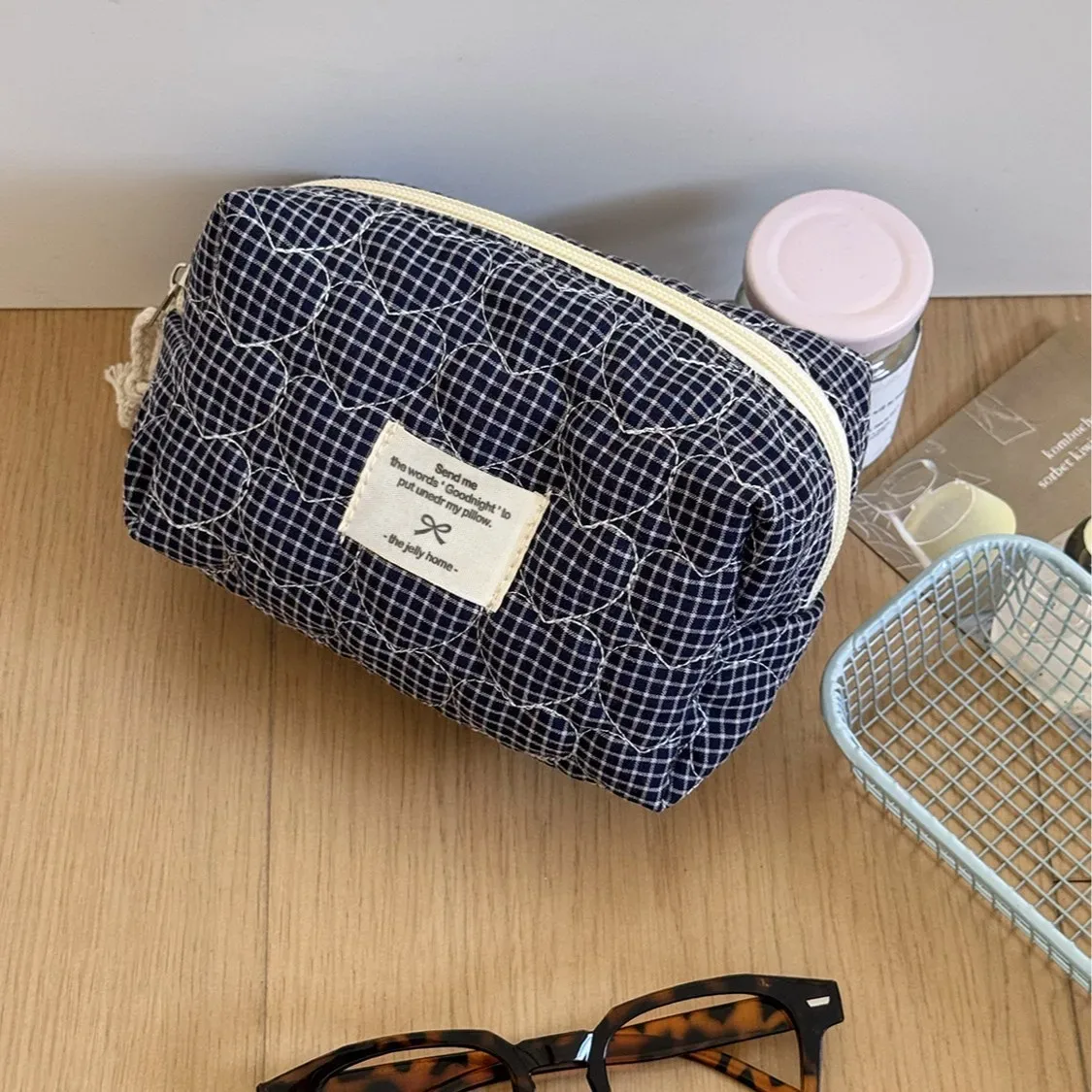 sacs à cosmétiques matelassés à carreaux en forme de cœur pour femmes, trousse de maquillage de grande capacité, sac de rangement de voyage pour dames, sac à main décontracté pour filles, pochette