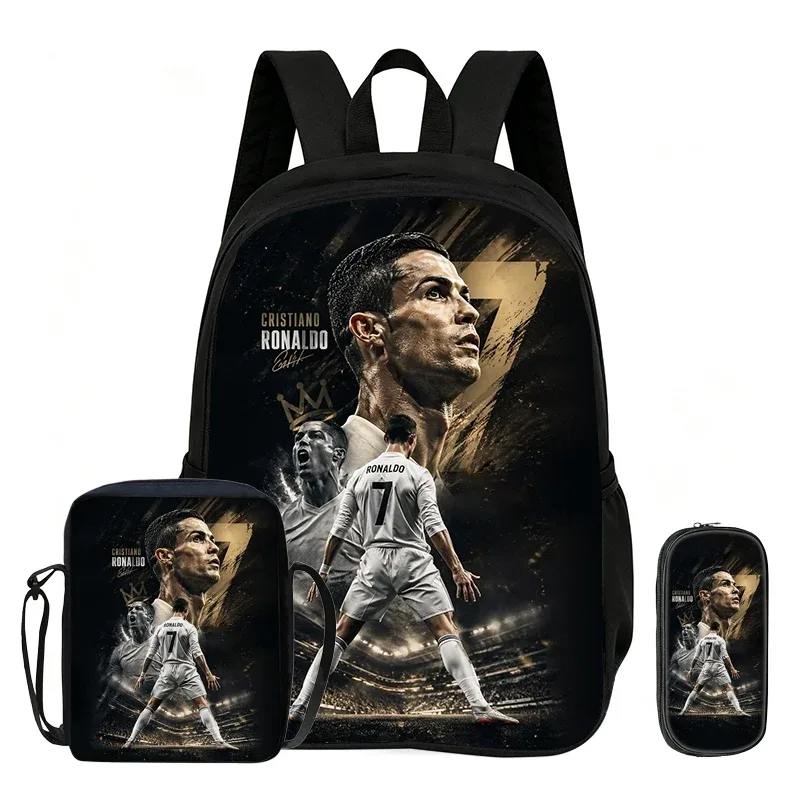 ensemble de 3 sacs à dos ronaldo pour enfants, sac à bandoulière pour l'école et les voyages, trousse à crayons, sac à dos de sport, sac à dos de star du football, cadeau