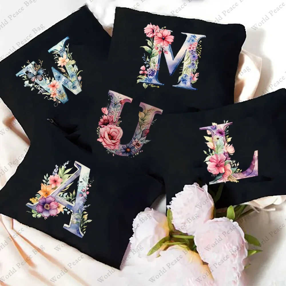 Trousse Toilette Toile Noire Initiale Fleurs Maquillage Femmes Voyage Sac Cosmétiques Intérieur Uni Poignée Glissière