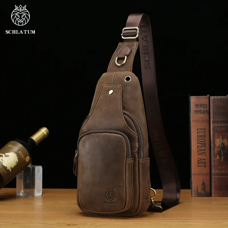 schlatum 100% sac de poitrine en cuir véritable décontracté triangle bandoulière conception voyage épaule sac à dos hommes en cuir sac multifonctionnel