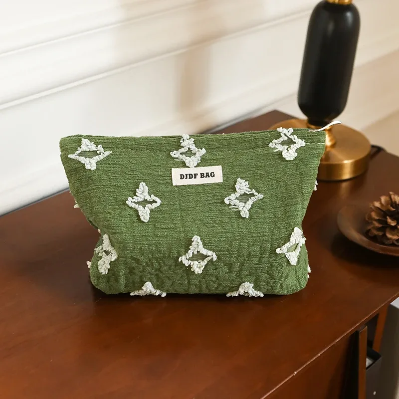 trousse de maquillage pour femmes, sac de rangement de rouge à lèvres cosmétique de grande capacité en fourrure verte, trousse de toilette de voyage, pochette pratique pratique