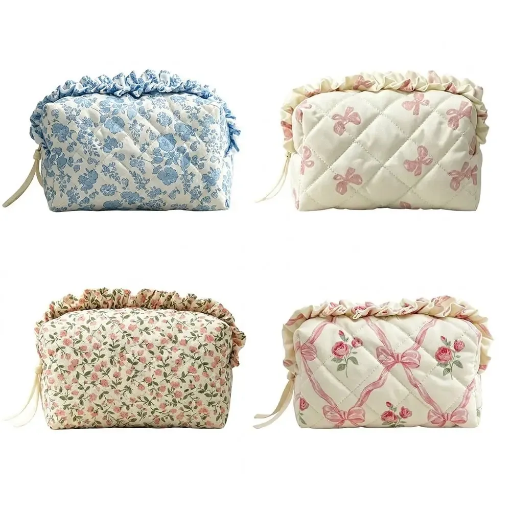 1 pièce trousse de maquillage matelassée mignonne à motif floral et nœud, grande capacité, pour femmes et filles