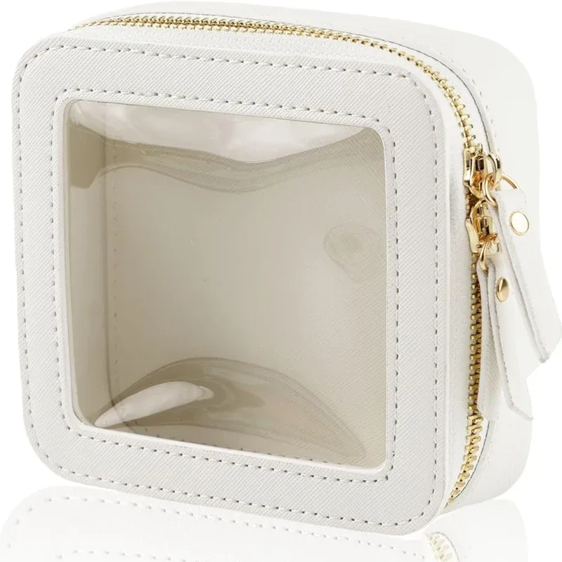 mini trousse de maquillage en cuir pu saffiano, avec initiales de nom personnalisées gratuites, jolie petite fenêtre visible, rangement de rouges à lèvres, étui à cosmétiques