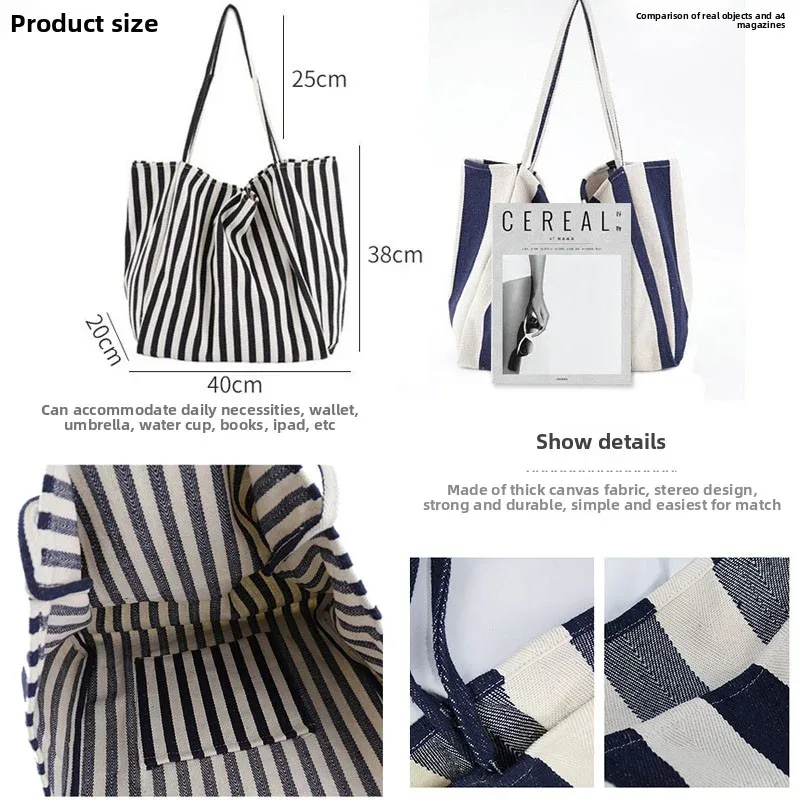 grande capacité style coréen rayure toile sac fourre-tout femme décontracté simple sacs à bandoulière shopping sac à main quotidien fourre-tout sac