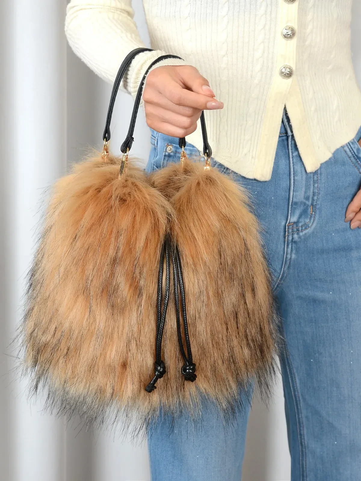 sac à main tendance en fausse fourrure pour femme, collection automne-hiver, sac seau de luxe, sac fourre-tout en fausse fourrure de raton laveur, sac à main haut de gamme