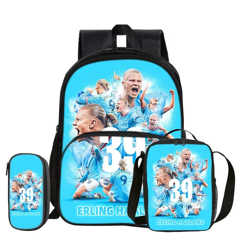 sac dos nylon bleu motifs football erling haaland grand bandoulière arquée sac déjeuner pochette enfant usage voyage