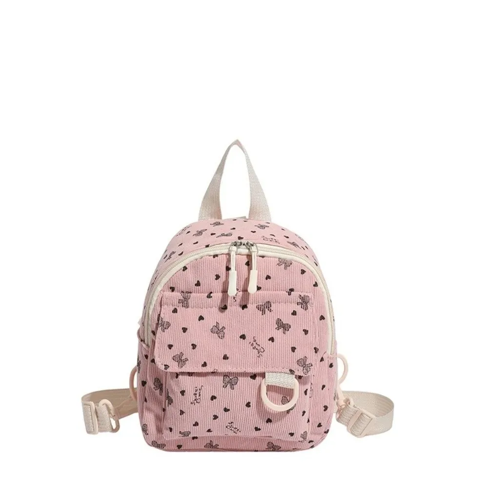 mini sac à dos en velours côtelé léger avec imprimé cœur et nœud, sac à bandoulière multi-compartiments à ouverture zippée, sac à dos quotidien