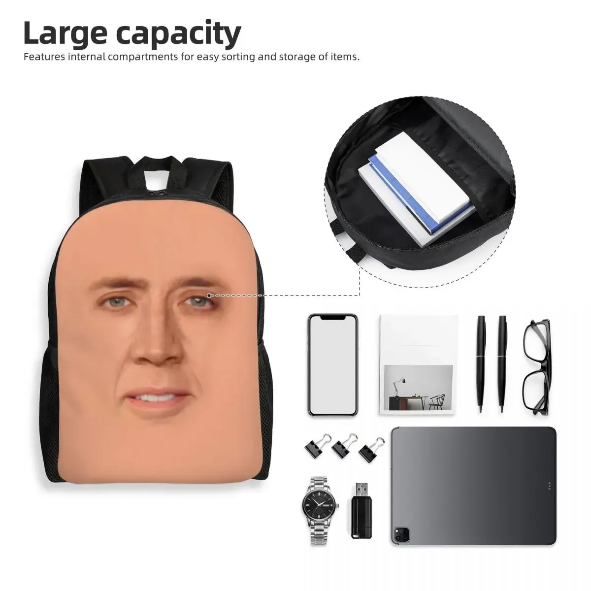 sac à dos personnalisé pour ordinateur portable nicolas cage meme, sac à livres de base pour femmes et hommes, sacs amusants pour étudiants