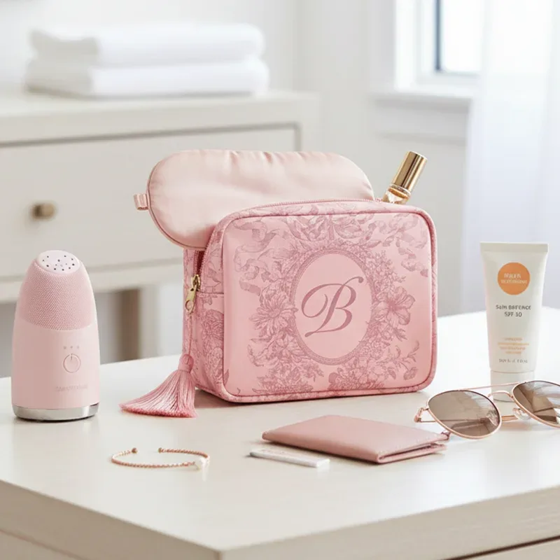 pochette de maquillage en toile rose avec lettres imprimées, mini sac de rangement de voyage pour dames, sac de lavage de cosmétiques, mode beauté essentielle organi
