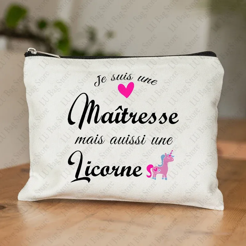 trousse de maquillage pour femmes, thème enseignant, étui à cosmétiques inspiré de maitresse avec motif éducatif de conception de style français, portefeuille pour le travail ou l'école
