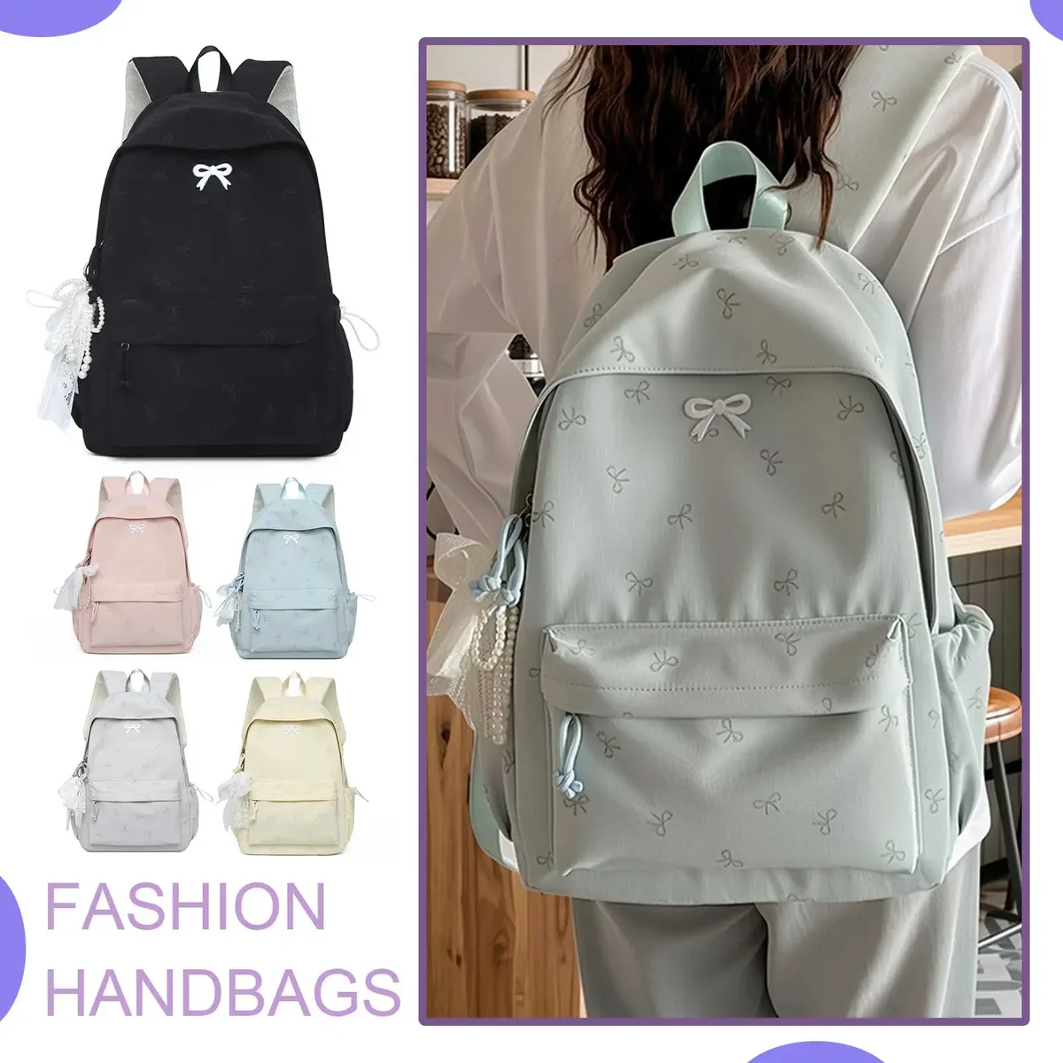 Sac à dos pour femmes avec nœuds, sac de voyage grande capacité, sac à dos pour ordinateur portable kawaii, sac à dos décontracté Y2k en nylon pour enfants, adolescents et filles.