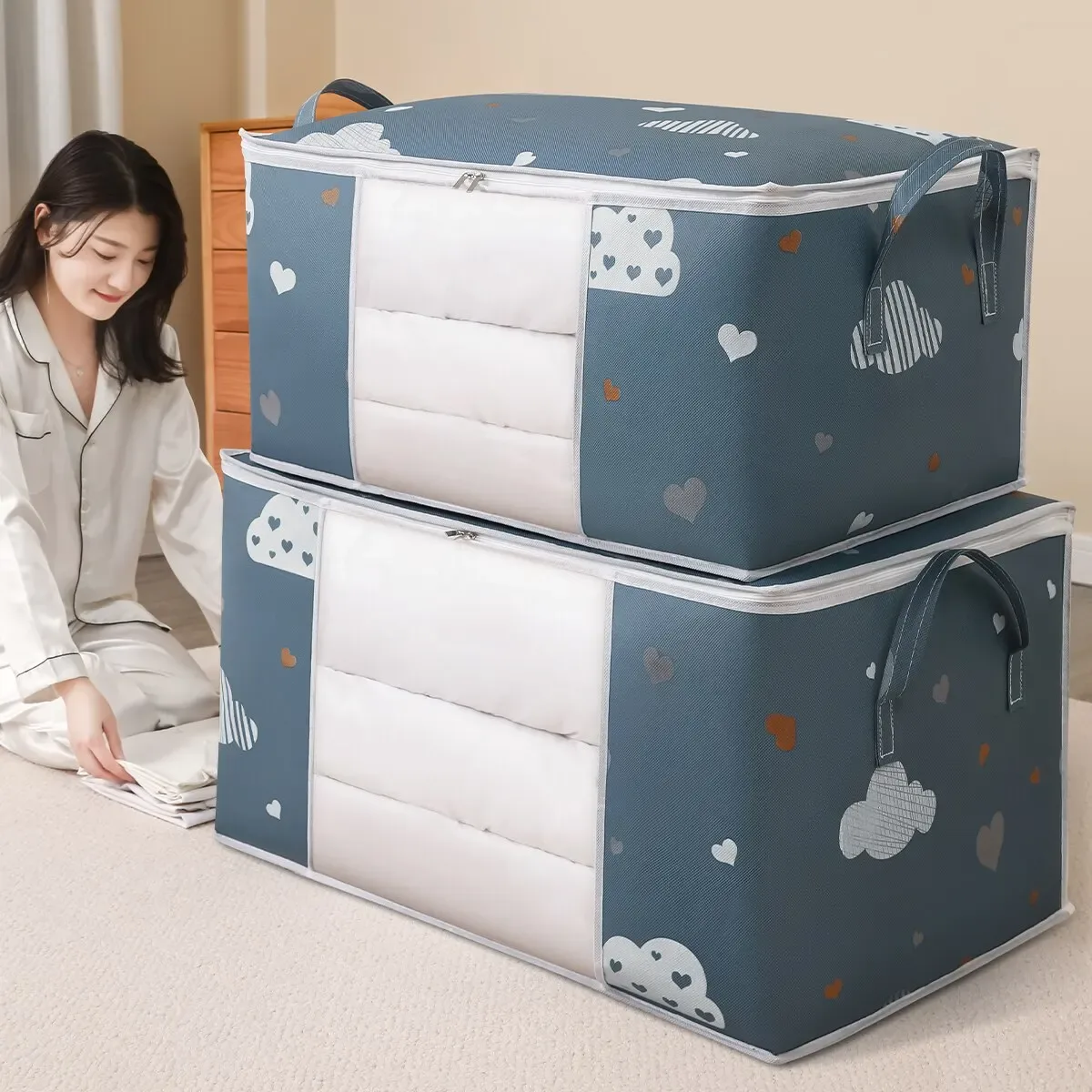sac de rangement pour vêtements de grande capacité, organisateur avec poignée renforcée, adapté aux couvertures et à la literie, pliable avec fermeture éclair robuste