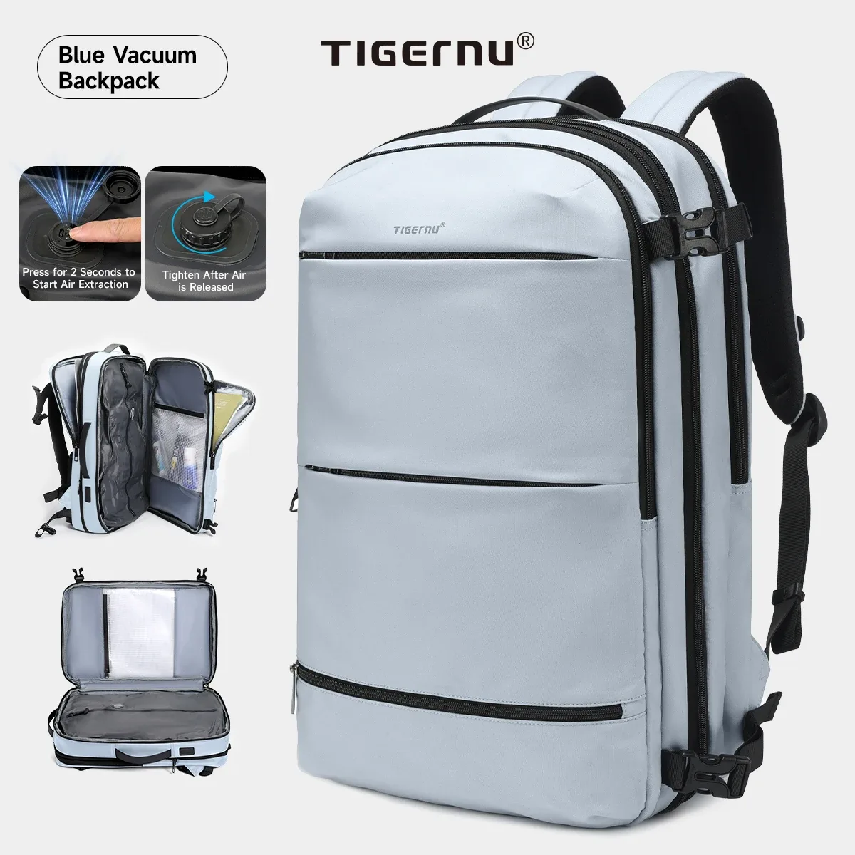 sac à dos de compression sous vide tigernu, sac à dos de voyage pour hommes, sac extensible avec port usb, grande capacité, sac pour ordinateur portable 17 pouces, sac de cabine pour l'école.