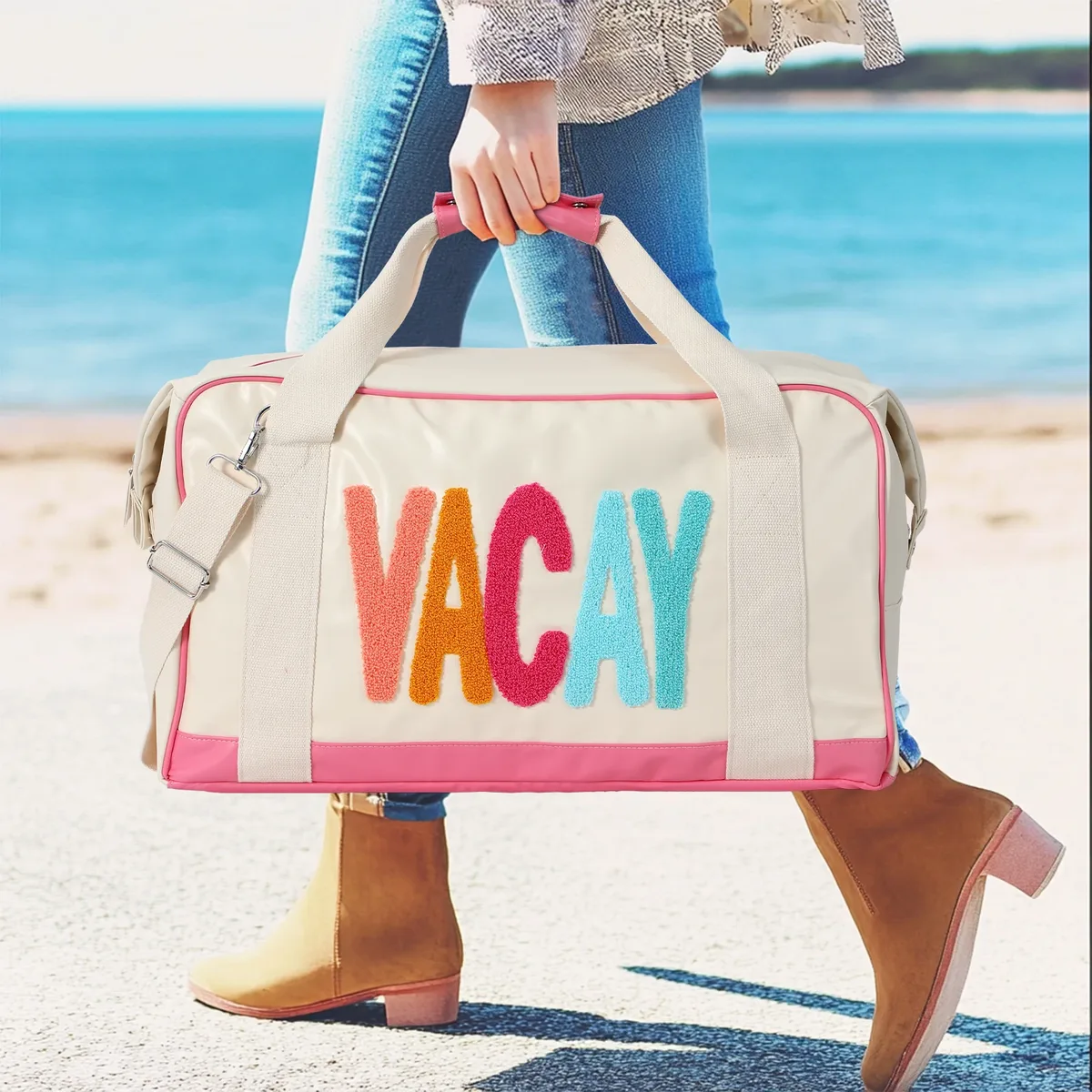 sac voyage nylon beige bandoulière amovible poignée supérieure week-end lettre brodee femmes vacances doux