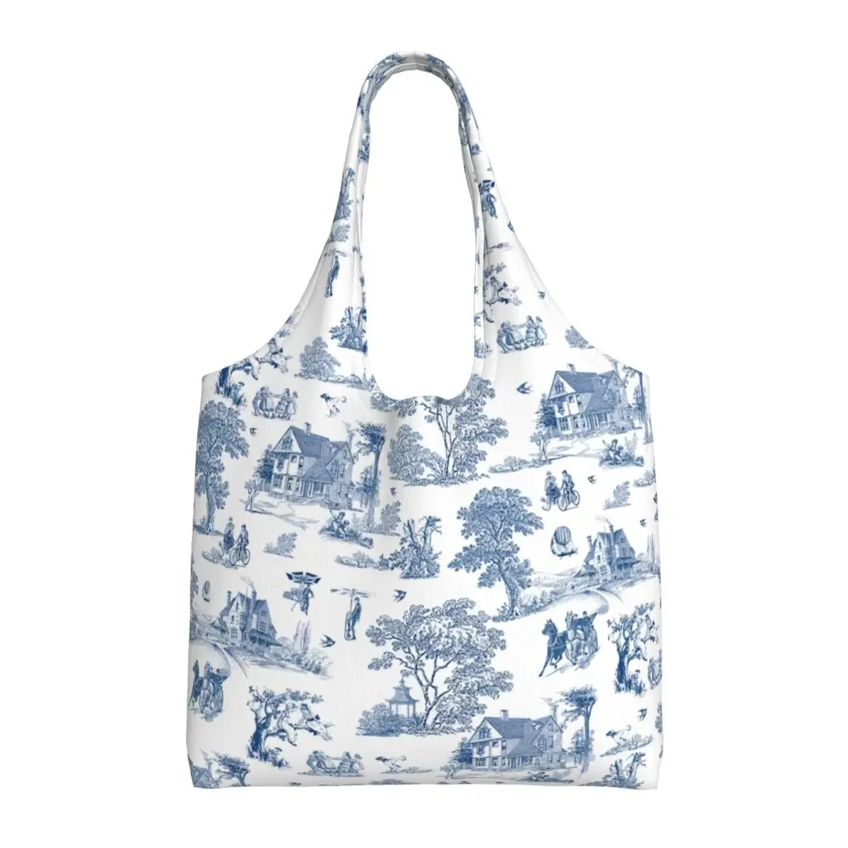 toile de jouy française classique vintage personnalisée, fourre-tout à motif bleu marine, fourre-tout de shopping en toile réutilisable, sac à bandoulière