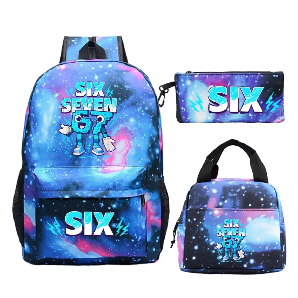 sac dos polyester dessin animé bleu blanc noire bandoulière arquée compartiment intérieur trousse sac lunch usage école voyage