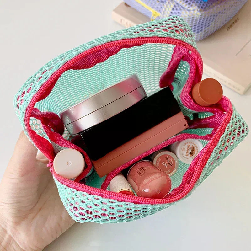 sac de rangement cosmétique carré portable avec fermeture éclair, sac cosmétique carré en maille, sac de rangement multi-usages pour articles divers