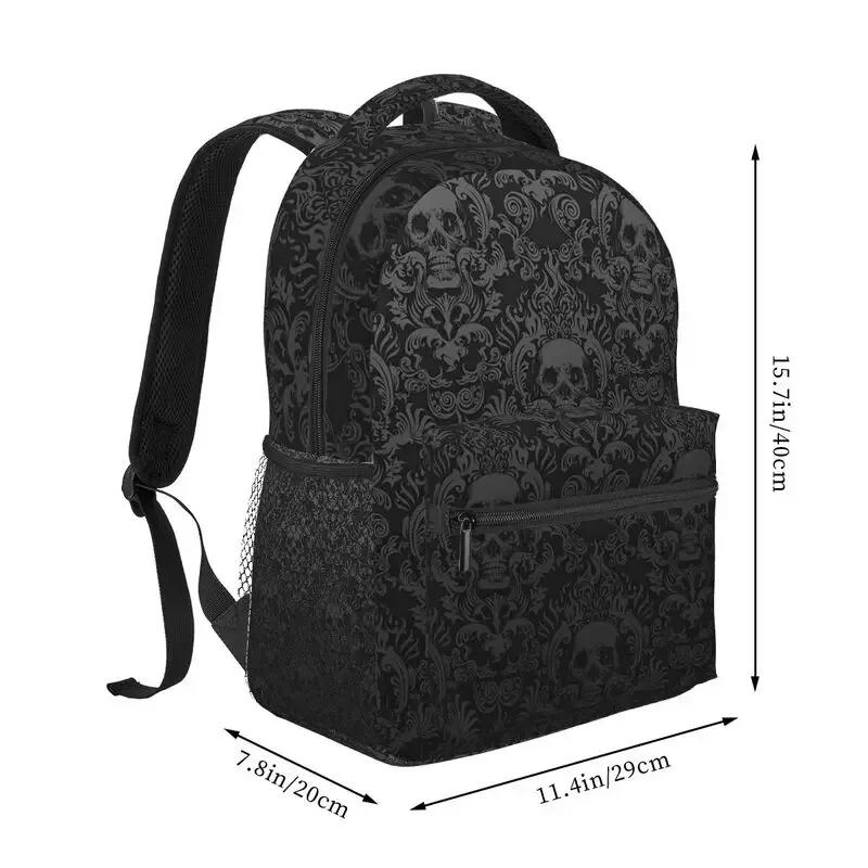 sac à dos gothique noir à motif de tête de mort damassé, unisexe, décontracté, pour ordinateur portable, cartable d'école, voyage, randonnée, camping