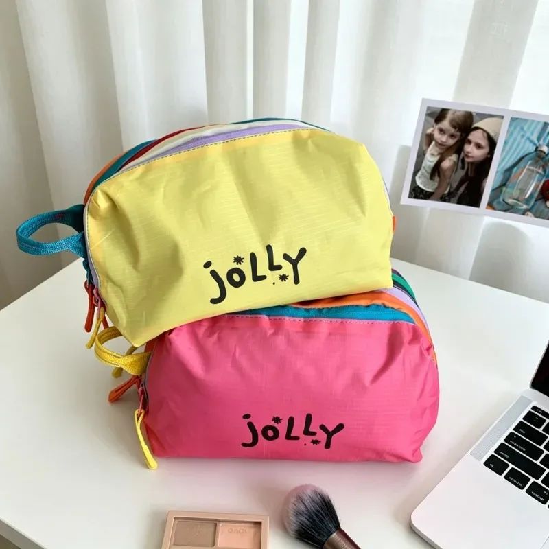 sac de maquillage en nylon avec imprimé lettres colorées dopamine, pochette cosmétique étanche, sac de rangement de voyage pour femmes et filles, pour usage quotidien en extérieur