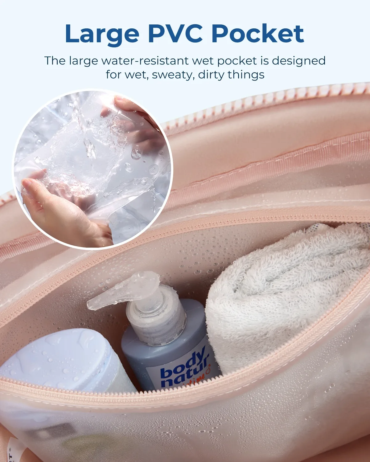 sac voyage polyester doux rose pâle blancs poignée bandoulière amovible compartiment humide week end sport yoga