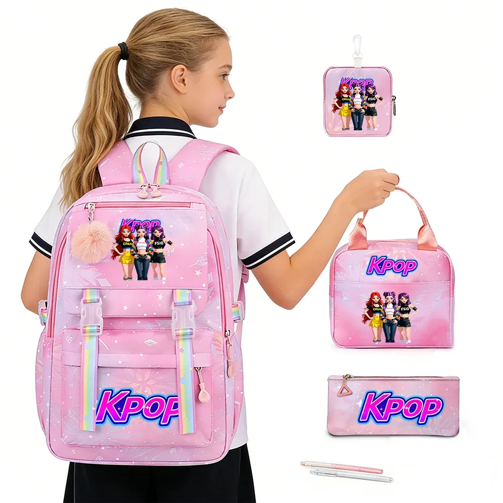 sac dos polyester rose motifs personnages kpop étoiles bandes arc ciel pochette stylos trousse maquillage sac main ensemble scolaire