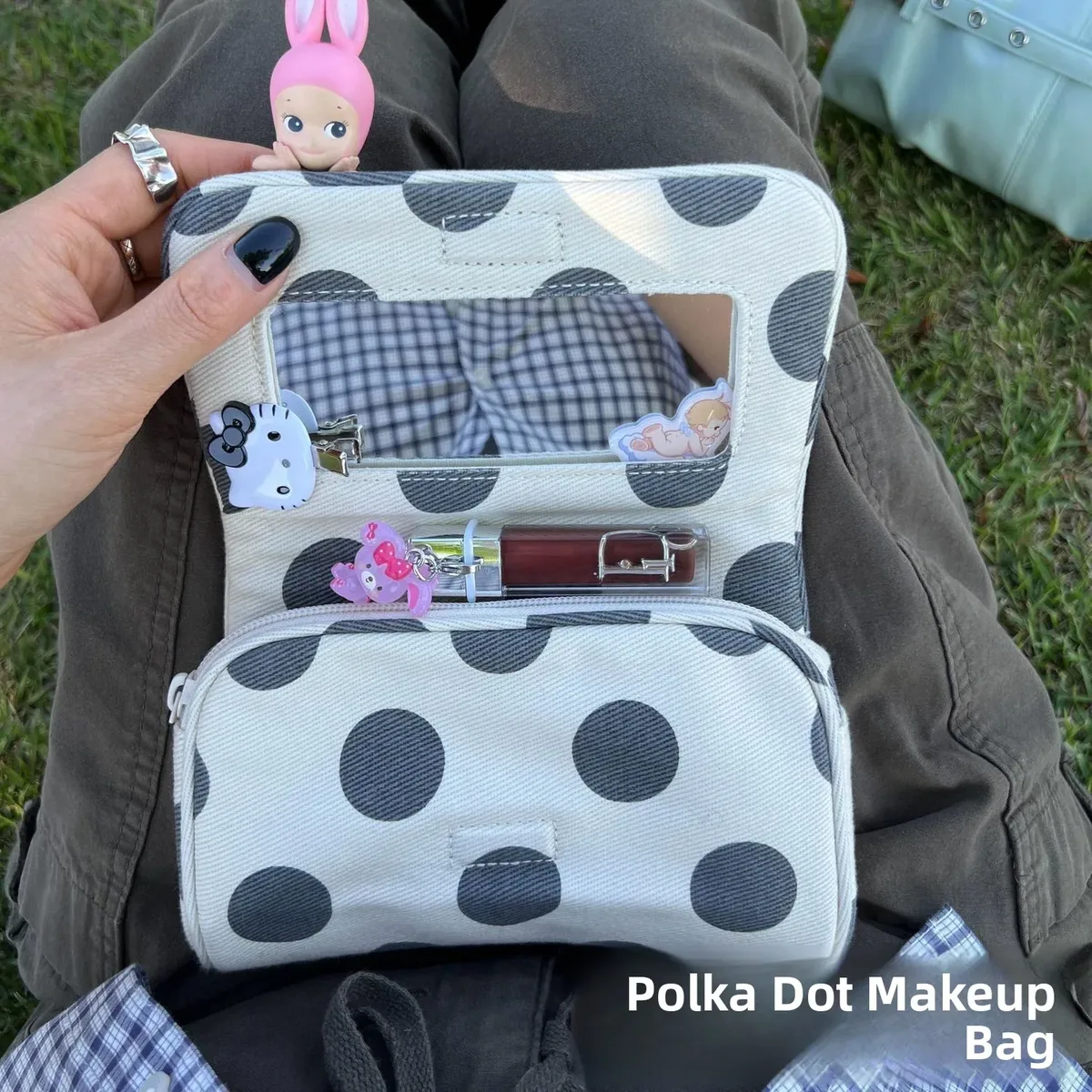 grande trousse de maquillage portable à pois et rayures en toile, sac de rangement de voyage, style ins, grande valeur esthétique, idéal pour le quotidien