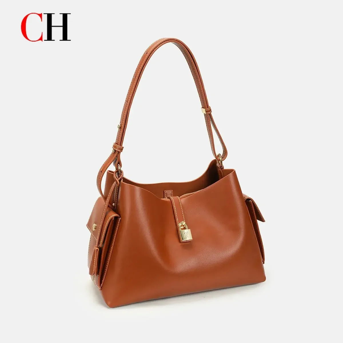 Sac à bandoulière Hobo en cuir premium CH avec accent de verrouillage, sangle réglable et poches latérales pour les trajets quotidiens et les voyages